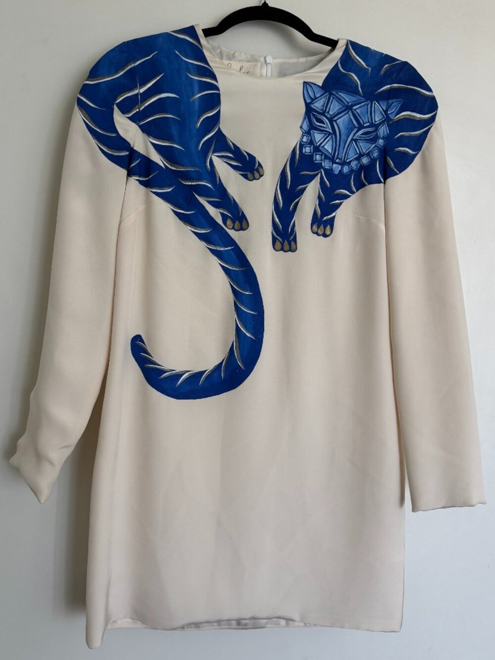 Holly Fowler Hand Painted Silk Tiger Shift Dress Cream Blue Long Sleeve Mini